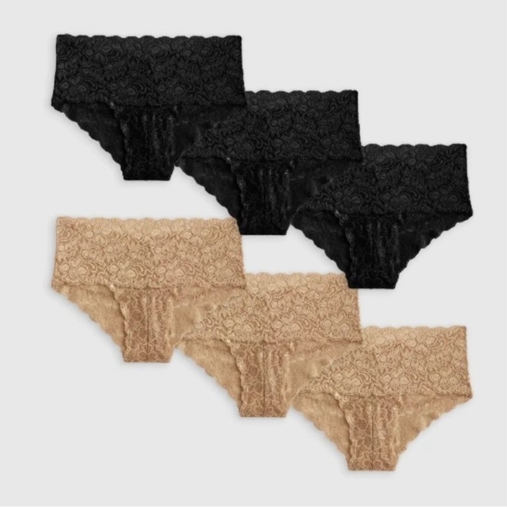 NIB Quince Women's Stretch Lace Cheeky Brief (6-pack) Nude and Black Sz L and M